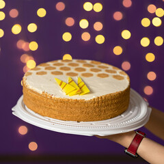 Honey cake honey cake. A whole cake on a substrate in your hands. Festive dessert. Honeycomb decor. Purple background with blurry lights. Side view. Copy space.