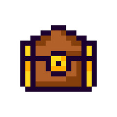 Old chest pixel art gaming item. Game Pixel Art chest of gold icon, chest 8Bit game resource. Vector Illustration isolated on white background.