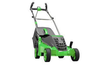 3d illustration of green professional electric lawnmower with grass catcher isolated on white background no shadow
