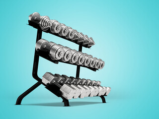 3d illustration of metal dumbbells for fitness and bodybuilding on stand on blue background with shadow