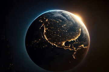 Planet Earth globe. Aerial view of blue planet from space. Sunrise over city lights. Generative AI
