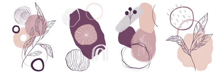 A set of abstract spots, smooth lines, geometric shapes, texture brush strokes. Modern Art. Hand drawn. Isolated on a white background.