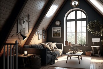Obraz na płótnie Canvas Scandinavian style attic interior living room with sofa and white carpet