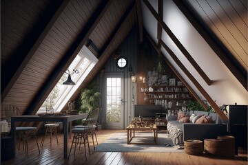 Scandinavian style attic interior living room with skylight and bookshelf