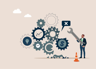 Businessman with wrench stands near mechanism with gears, repairing or restoring broken business. Maintenance. Modern vector illustration in flat style.
