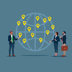 Global business expansion, open company branches, franchise in new location to cover all continent. Business team put new branch pin on world map across globe. Modern vector illustration in flat style