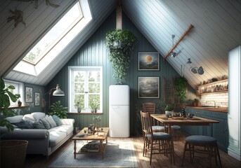 Fototapeta premium Scandinavian style attic room with refridgerator and dining table