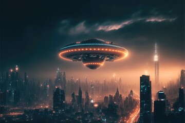 Ufo hovers over the city made with generative ai