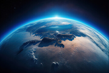 Planet Earth cutvature. Aerial view of blue planet from space. Sunrise over globe land and ocean. Generative AI - obrazy, fototapety, plakaty