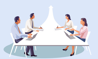 Success. Growth. Successful plan. The business team sits around a rising arrow. Business vector illustration. 