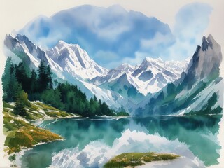 Image of the mountain with lake in front of it, watercolor masterpiece