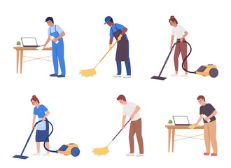 Fototapeta na wymiar Workers cleaning house and commercial property semi flat color vector characters bundle. Editable full body people on white. Simple cartoon style illustration set for web graphic design and animation