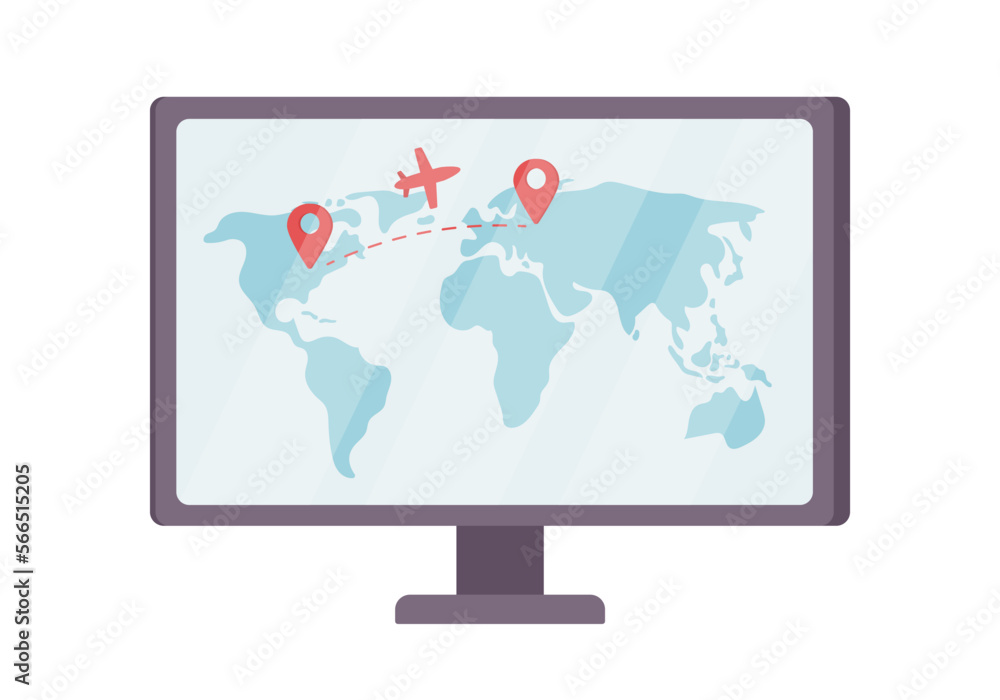 Fototapete Computer monitor with flight tracker map semi flat color vector object. Editable item. Full sized element on white. Simple cartoon style illustration for web graphic design and animation