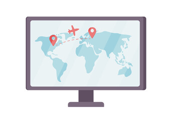 Computer monitor with flight tracker map semi flat color vector object. Editable item. Full sized element on white. Simple cartoon style illustration for web graphic design and animation