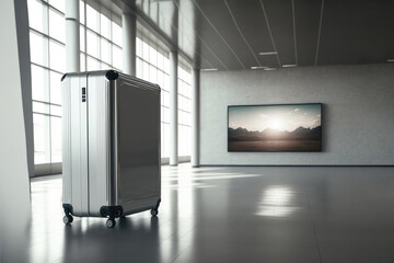 silver suitcase in airport hall or train station .travel and vacation concept.Generative AI. 