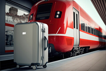 Naklejka premium A silver suitcase stands on the platform near the train.travel concept.Generative AI.