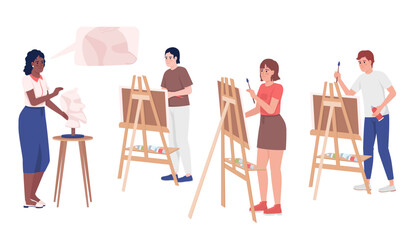 Fototapeta na wymiar Art teacher giving talk about painting for students semi flat color vector characters. Editable full body people on white. Simple cartoon style illustration for web graphic design and animation