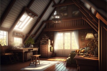 Country style attic interior living room made of natural wood with skylight and table