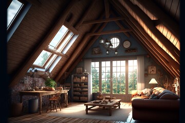 Country style attic interior living room made of natural wood with skylight