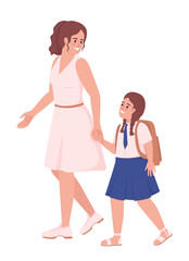 Mother with daughter in school uniform semi flat color vector characters. Editable figures. Full body people on white. Simple cartoon style illustration for web graphic design and animation