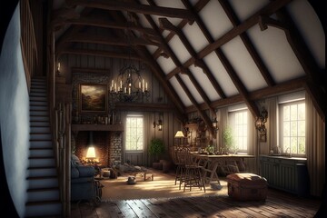 Fototapeta na wymiar Country style attic interior living room made of natural wood with fireplace