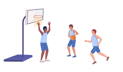 Plakat Athletic boys playing basketball in team semi flat color vector characters. Editable figures. Full body people on white. Simple cartoon style illustration for web graphic design and animation