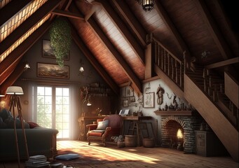 Country style attic interior living room made of natural wood with fireplace
