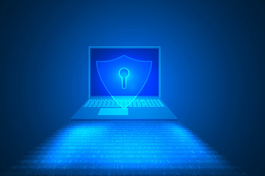 laptop cyber security and top privacy information data technology abstract. High security and protection by binary code background.