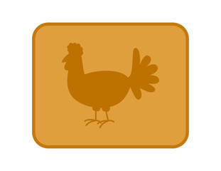 Illustration of orange farm hen in rectangular panel with rounded edge