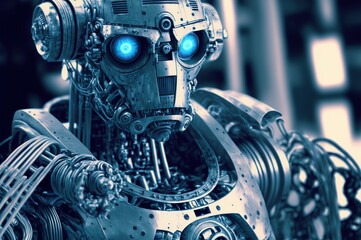 Fototapeta premium A cyborg working on computer systems. Futuristic computing concept. Generative AI