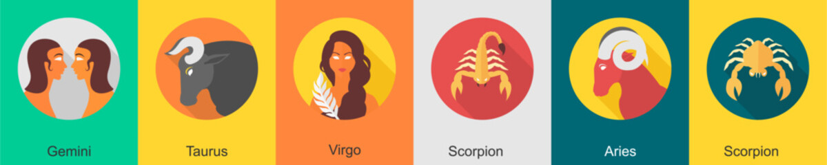 A set of 6 zodiac icons as gemini, taurus, virgo