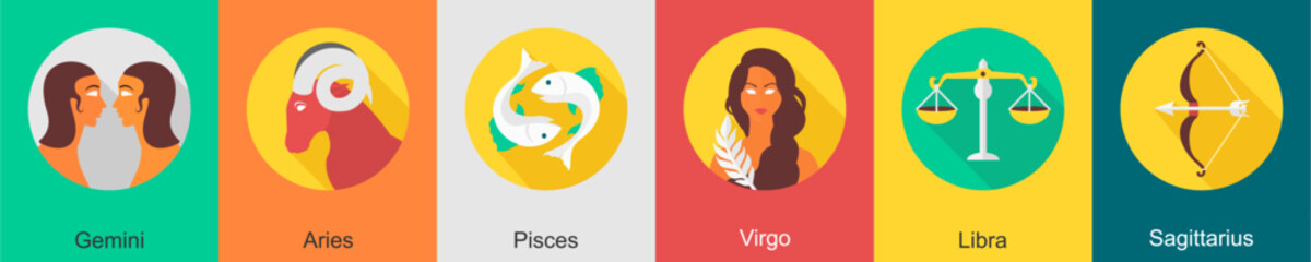 A set of 6 zodiac icons as gemini, aries, pisces
