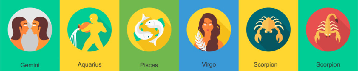 A set of 6 zodiac icons as gemini, aquarius, pisces