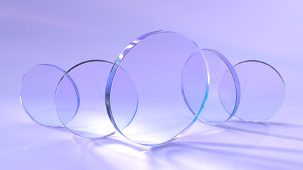 Glass circular disks with rainbow effect of light refraction from prism or crystal 3d render. Clear acrylic plates, round flat panels with lens flare on purple geometric background