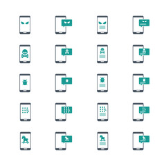 Malware notification on mobile phone. Virus, malware, email fraud, e-mail spam, phishing scam, hacker attack concept. Vector illustration. Icons set.	