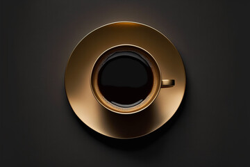 Elegant Hot Coffee Cup on a Glistening Black and Gold Background. Minimalistic Flat Lay Composition with Top View Perspective, Perfect for Your Morning and Mid-day Caffeine Boost