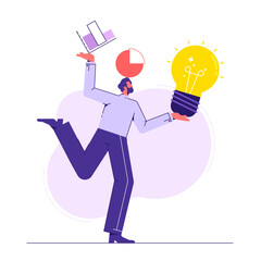 Multitask, management, businessman trying to keep everything in balance, balancing daily tasks vector illustration concept