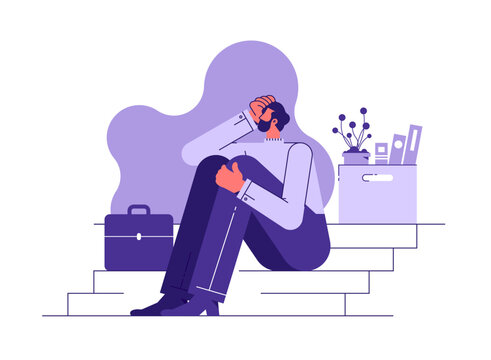 Sad dismissed man with a box of office things is sitting on the stairs. concept on the topic of unemployment, dismissal, job loss, crisis, job cuts, Dismissal from work concept