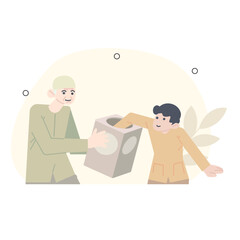 ramadan illustration. the child who took bread from grandfather. grandfather gave canned bread directly. grandpa gave Eid bread. with a flat design.