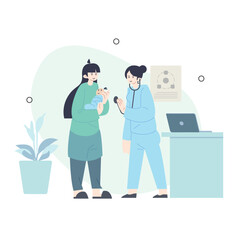 illustration of a mother and her baby child being in the hospital. infirmary. clinic. healthcare concept.Character professional physician on workplace illustration. with flat vector illustration.