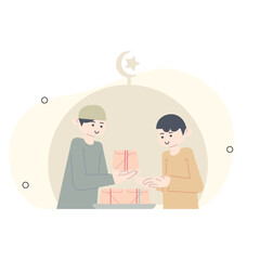 a man who gives rice to break the fast. Ramadan illustration. Giving rice packs to people who are fasting.
