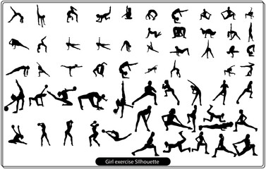 Big set of vector silhouettes of man and woman doing fitness, sport and yoga workout isolated on white background. Icons of sportive boy and girl practicing exercises in different positions.
