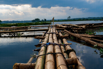 close up of floating bamboo with sky background
