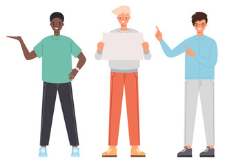 Young guys pointing in different directions, up and down and looking out and with baner. Young guys with joyful emotions points at something.