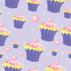Cake. Colorful set of sweet cupcakes. Textiles, print.