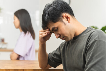 Breakup and depressed, asian young quarrel  couple love fight relationship in trouble. Different people are emotion angry. Argue husband has expression, upset with wife. Problem of family people.