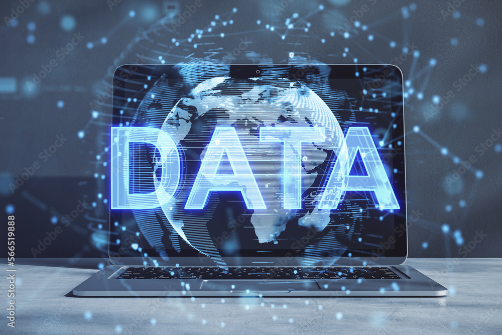 Poster close up of laptop with creative polygonal globe with web hologram on blurry background. technology,