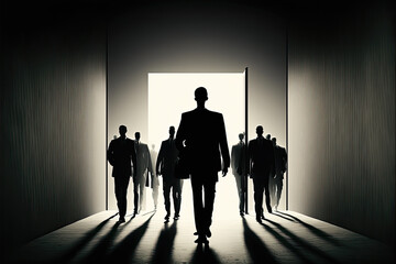Massive layoffs hitting Big Tech. Tech workers mass layoffs. Silhouettes of lot of people go to the exit from the office. AI generative - obrazy, fototapety, plakaty