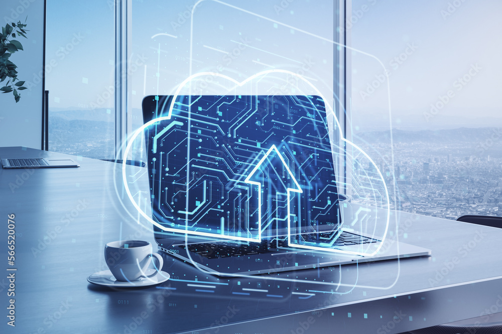 Leinwandbilder close up of laptop with cloud computing hologram on blurry office desktop background with coffee cup