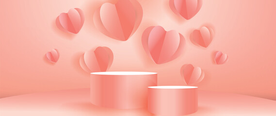 Fototapeta na wymiar Happy Valentine's Day concept vector. Abstract 3d composition decorate with geometric podium and glossy sweet pink hearts background. Design for banner, mock up, product presentation, ads, marketing.